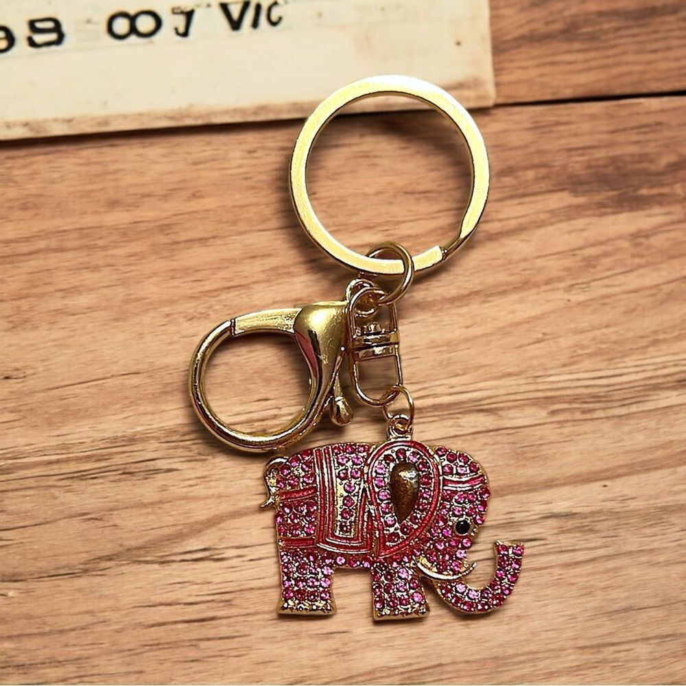 Pink Rhinestone Good Luck Elephant Gold Tone Keychain/Bag Charm